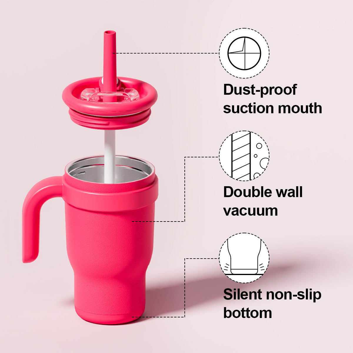 Rose Red 14oz Insulated Tumbler with Handle & Straw - 304 Stainless Steel Car Cup (Contrast Color)