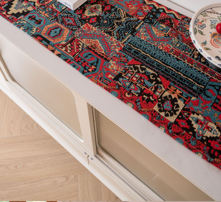 Jacquard Date Red Two Orioles 33-180cm Elegant Geometric Jacquard Table Runner with Tassels - Modern Dining & Coffee Table Decor