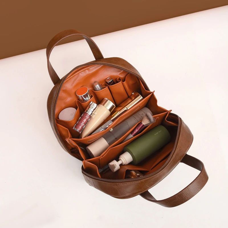 Green Retro PU Leather Cosmetic Bag - Large Capacity Travel Toiletry Organizer Pouch