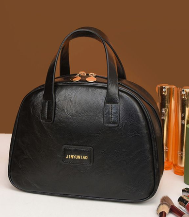 Black Retro PU Leather Cosmetic Bag - Large Capacity Travel Toiletry Organizer Pouch