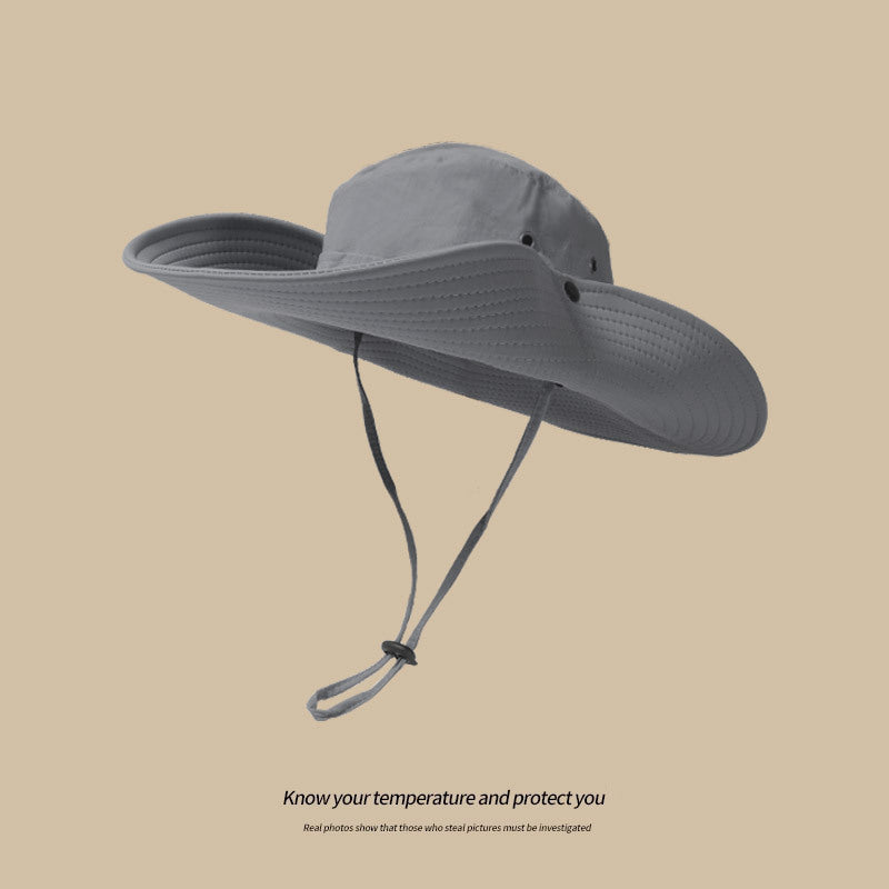 Water-Repellent Wide-Brim Bucket Hat with Adjustable Chin Strap - Sun Protection Grey