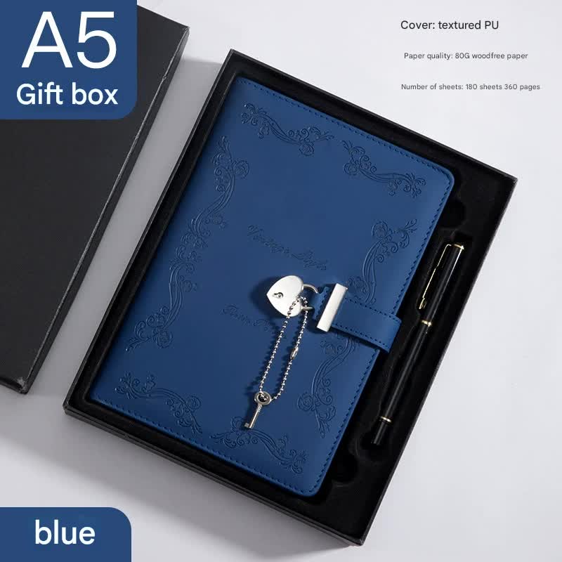 Heart Lock Diary with Key - Vintage Style Journal, Blue PU Leather, Secure and Elegant