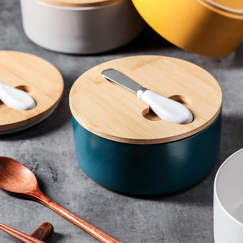 Yellow Nordic Ceramic Butter Dish with Knife - Airtight Cheese Container with Bamboo Lid, Kitchen Storage