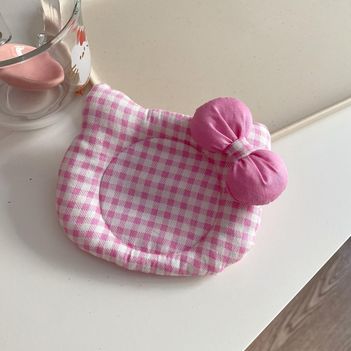 Korean INS Kitty Quilt Insulation Pad, Cute Fabric Kitchen Mat, Desktop Decoration (Pink plaid)