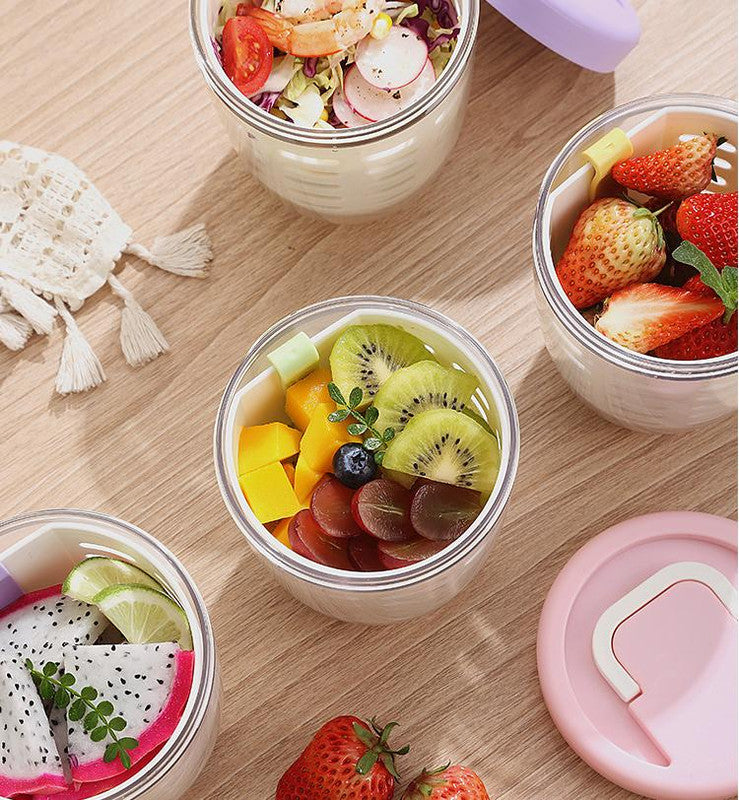 Purple Double Layer Salad Cup with Fork - Leak-proof Fruit Container, Drain Design, Portable Oatmeal and Picnic Jar