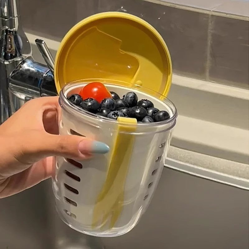 Yellow Double Layer Salad Cup with Fork - Leak-proof Fruit Container, Drain Design, Portable Oatmeal and Picnic Jar