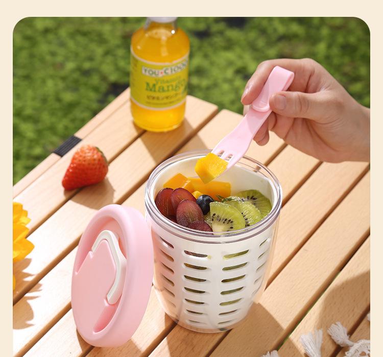 Yellow Double Layer Salad Cup with Fork - Leak-proof Fruit Container, Drain Design, Portable Oatmeal and Picnic Jar