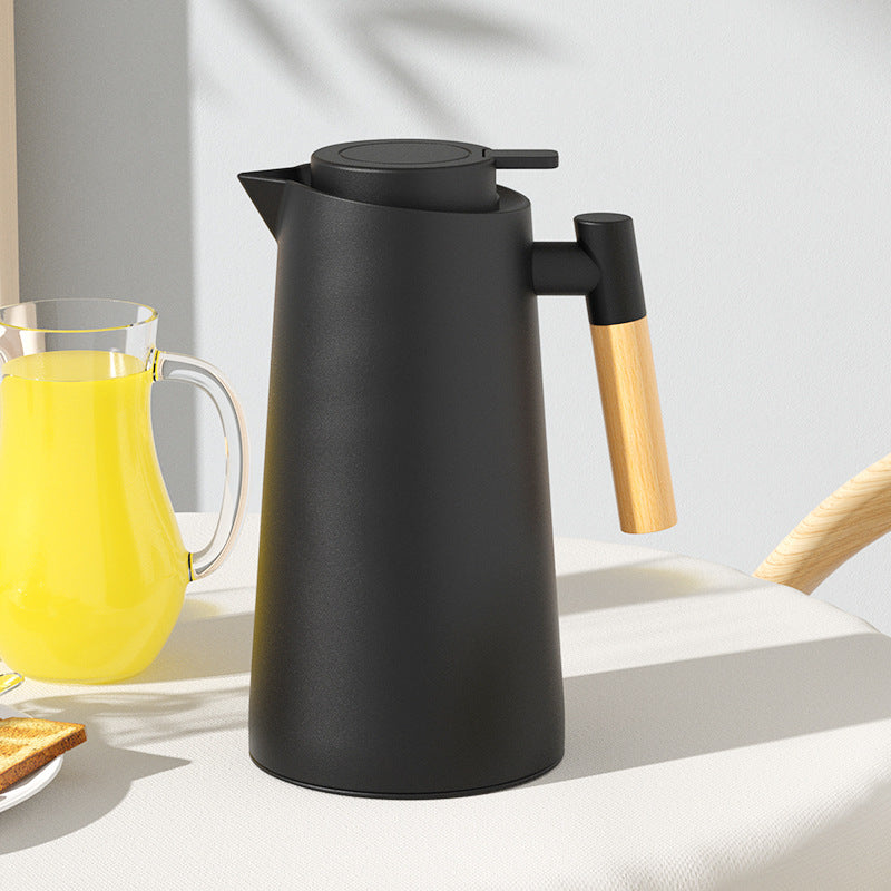 1000ml Black thermos bottle with wooden handle, double-layer glass liner coffee pot, suitable for hot and cold drinks