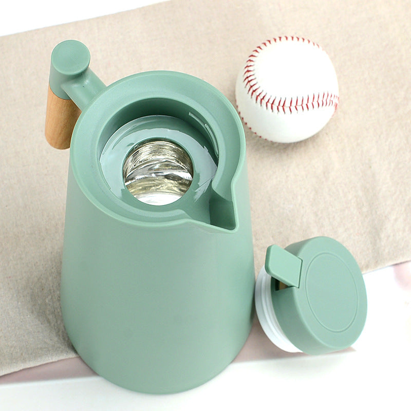 1000ml Bamboo Green thermos bottle with wooden handle, double-layer glass liner coffee pot, suitable for hot and cold drinks
