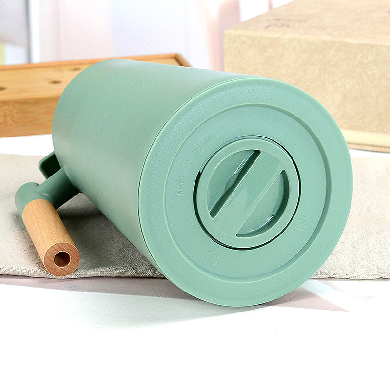1000ml Coffee Pink thermos bottle with wooden handle, double-layer glass liner coffee pot, suitable for hot and cold drinks