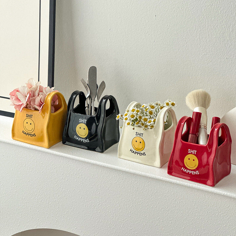 Yellow Ceramic Desktop Organizer - Cute Hand Shaped Pencil Holder and Makeup Brush Storage for Home and Office