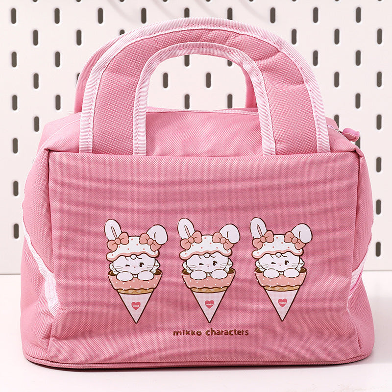 Pink Cute Cartoon Lunch Bag - Large Capacity Insulated Handbag for Students and Office Use