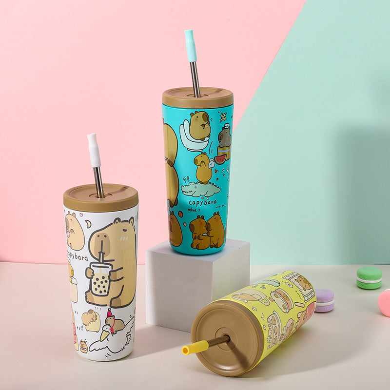 304 Stainless Steel Insulated Tumbler,Cartoon Design Portable Straw Cup for Home and Office(Light white)