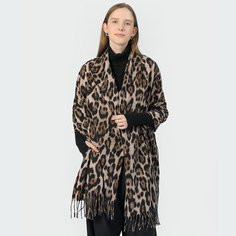 Stylish Animal Print Scarf - Warm Fall/Winter Shawl with Tassels, Imitation Cashmere(Rose pink)
