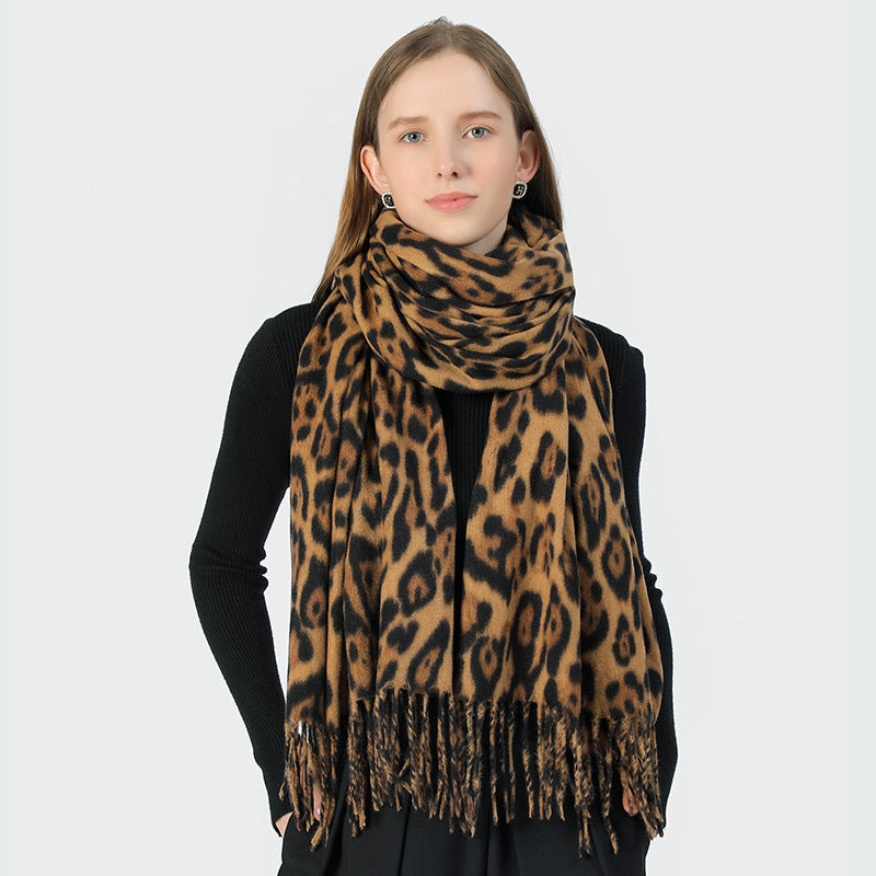 Stylish Animal Print Scarf - Warm Fall/Winter Shawl with Tassels, Imitation Cashmere(Dark green)