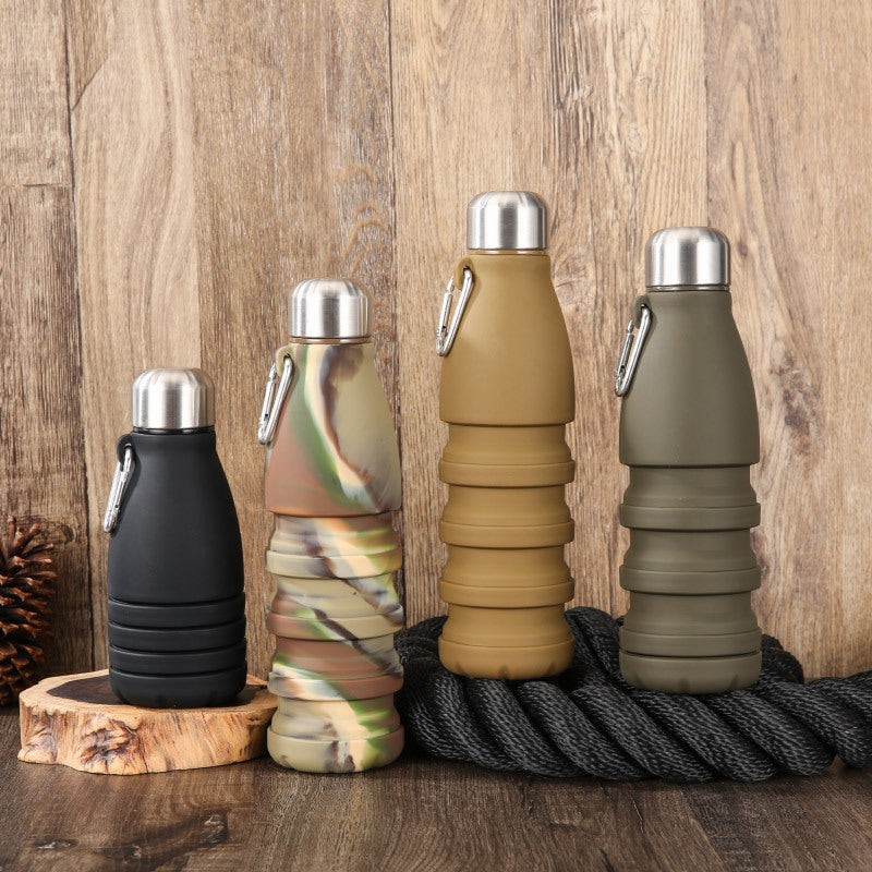Camouflage pink Collapsible Silicone Water Bottle - Portable Sports Hydration Flask with Carabiner, 550ml/300ml