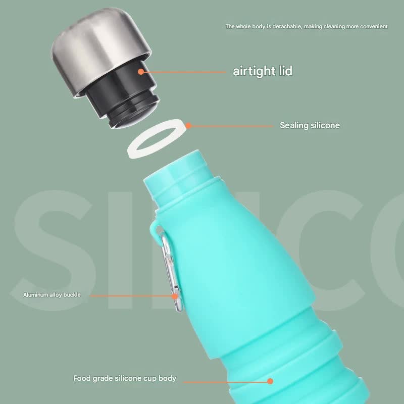 Black Collapsible Silicone Water Bottle - Portable Sports Hydration Flask with Carabiner, 550ml/300ml