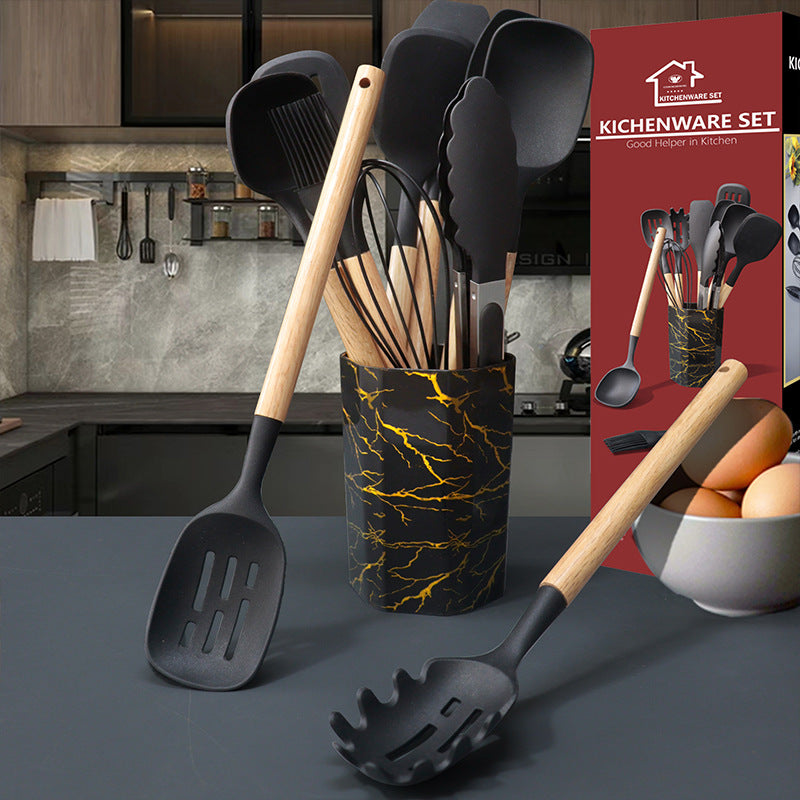 Bamboo Leaf Green 12-Piece Silicone Cooking Utensil Set - Non-Stick Food-Grade Kitchen Tools with Holder