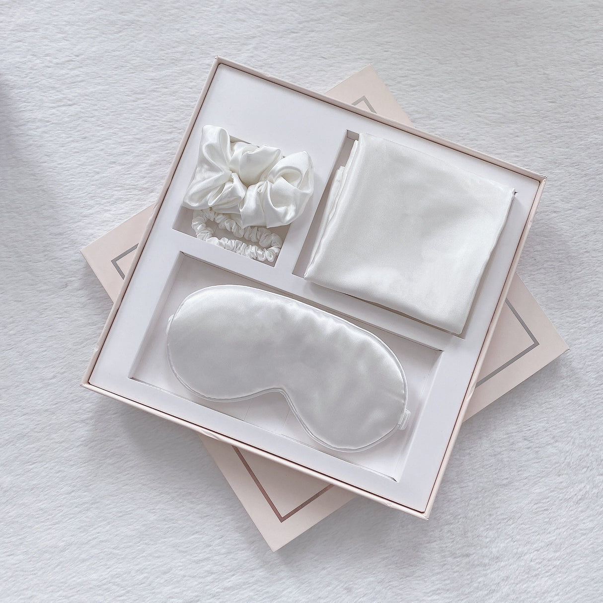 Luxury Satin Sleep Mask Gift Set,4-Piece with Pillowcase and Hair Accessories(White)