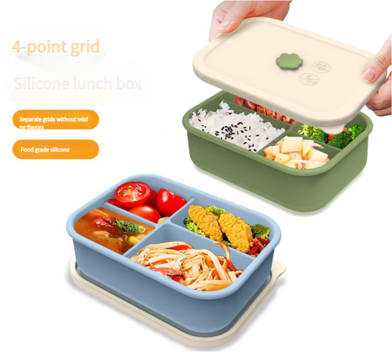Dark green Microwave-Safe Silicone Lunch Box with 4 Compartments - Airtight Bento Box for Work and Travel