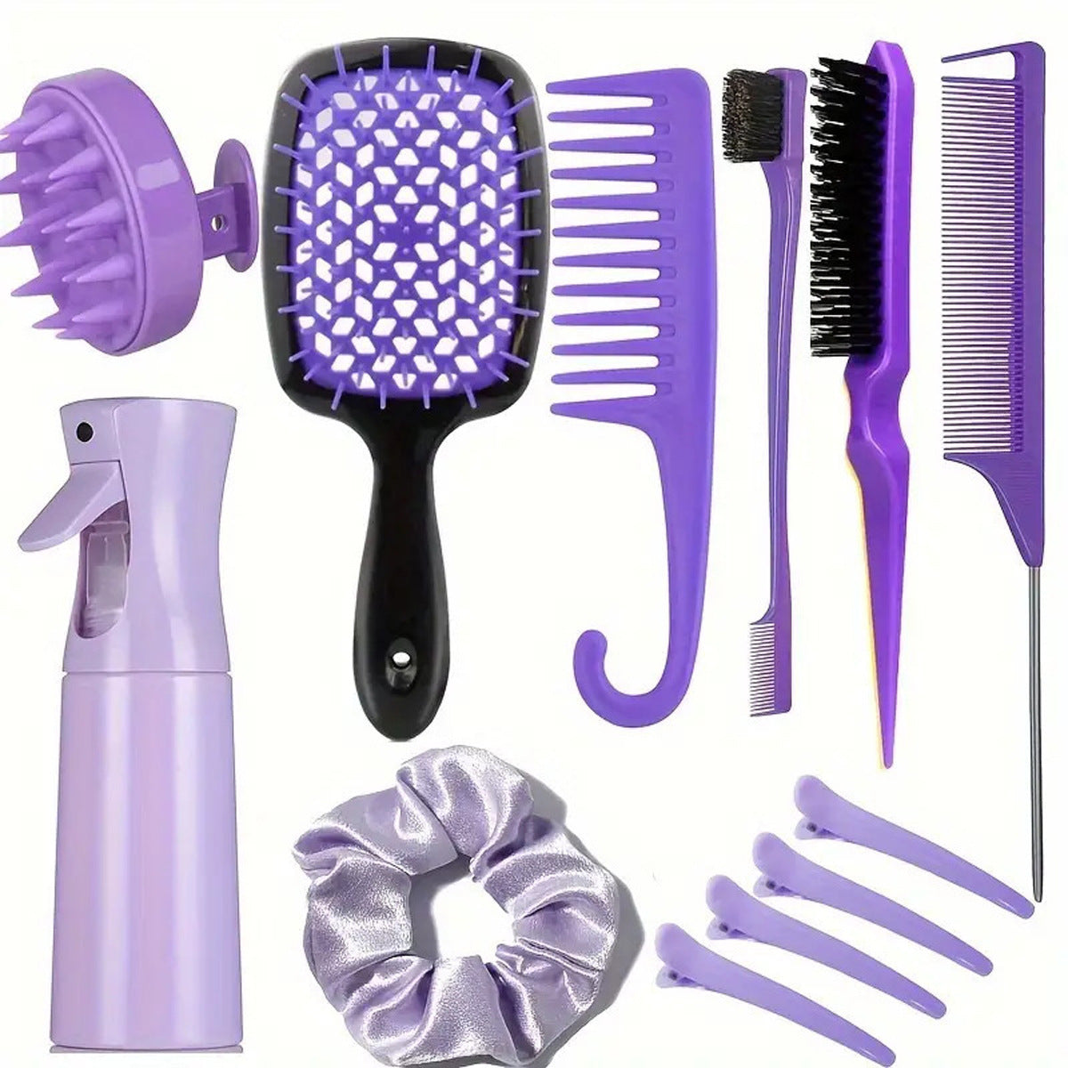 Complete Hair Styling Kit with Detangling Brushes, Combs, Spray Bottle, and Accessories(Purple)