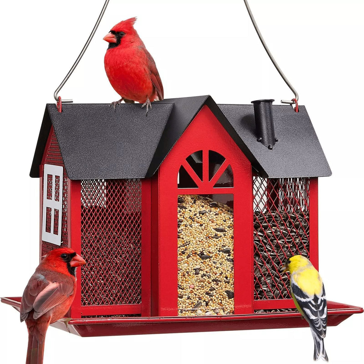 Charming House-Shaped Hanging Bird Feeder - Durable Metal Design for Wild Birds(red)