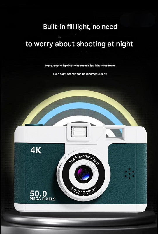 Compact 4K Digital Camera - 50MP, 16x Zoom, 2.4-inch IPS Screen, WiFi & Fill Light - Retro CCD Style(Green)