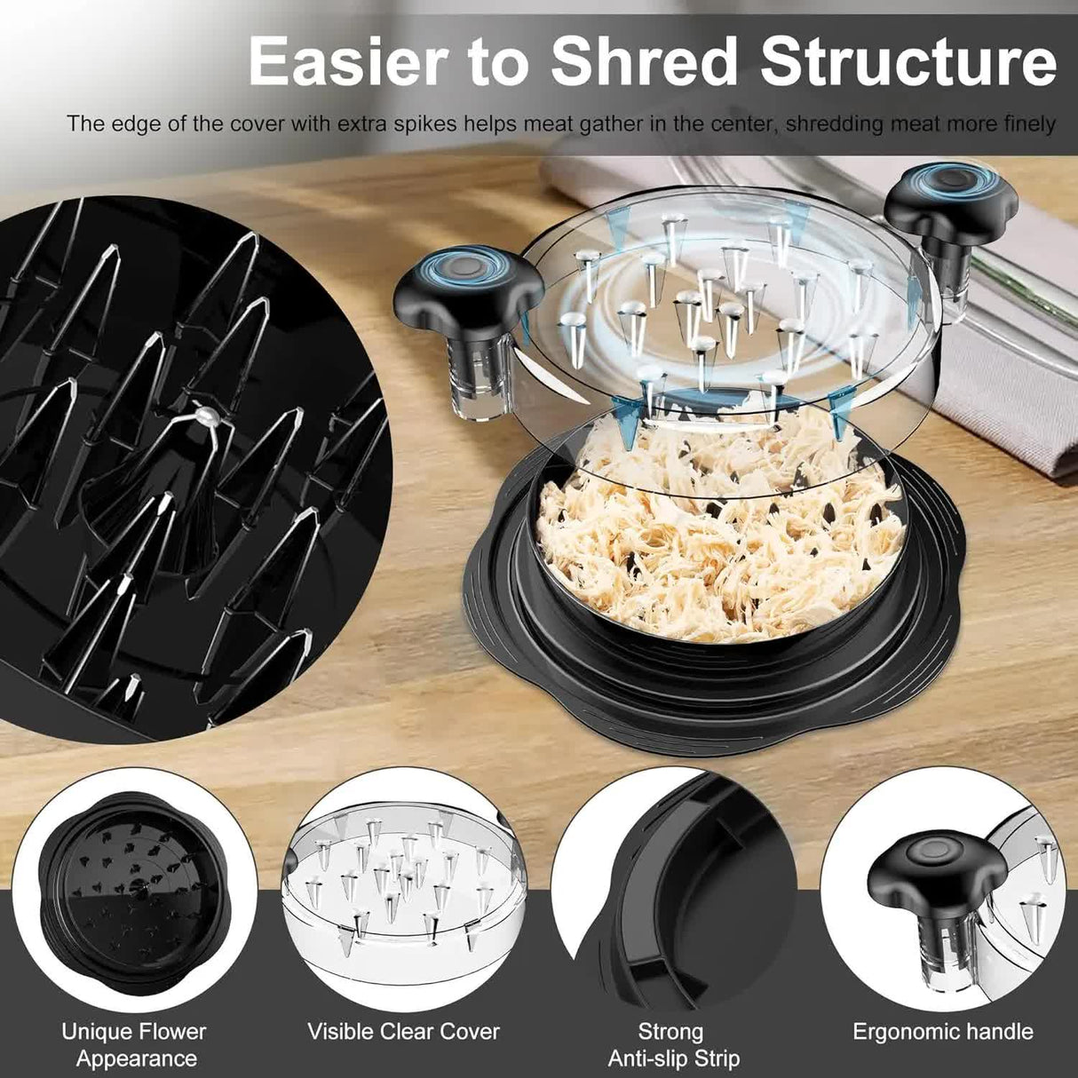 Upgraded Meat Shredder Tool - Rotating Chicken & Pork Puller with Anti-Slip Base & Ergonomic Grips(black)
