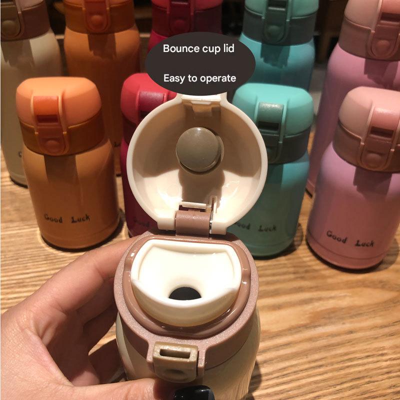 Good Luck" Mini Stainless Steel Thermos Flask - 350ml Leakproof Insulated Bottle with Pop-Up Lid & Strap(pink)"