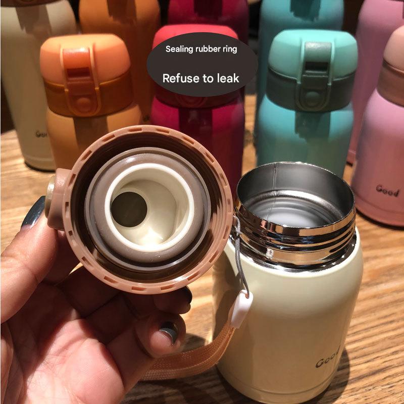 Good Luck" Mini Stainless Steel Thermos Flask - 350ml Leakproof Insulated Bottle with Pop-Up Lid & Strap(pink)"