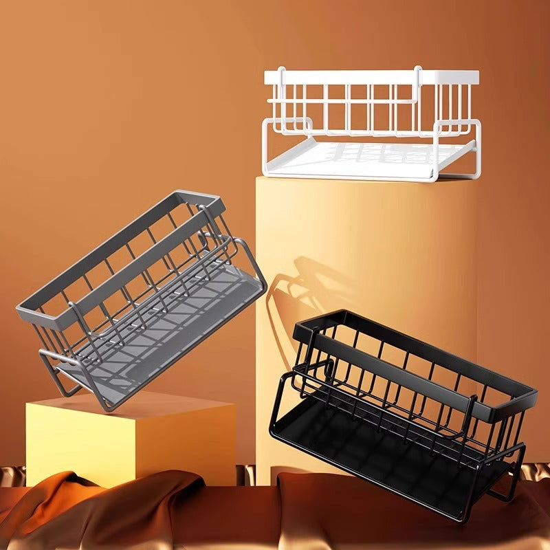Kitchen Sink Caddy Organizer with Towel Bar & Drain Tray - Durable Metal Sponge Holder(Black)
