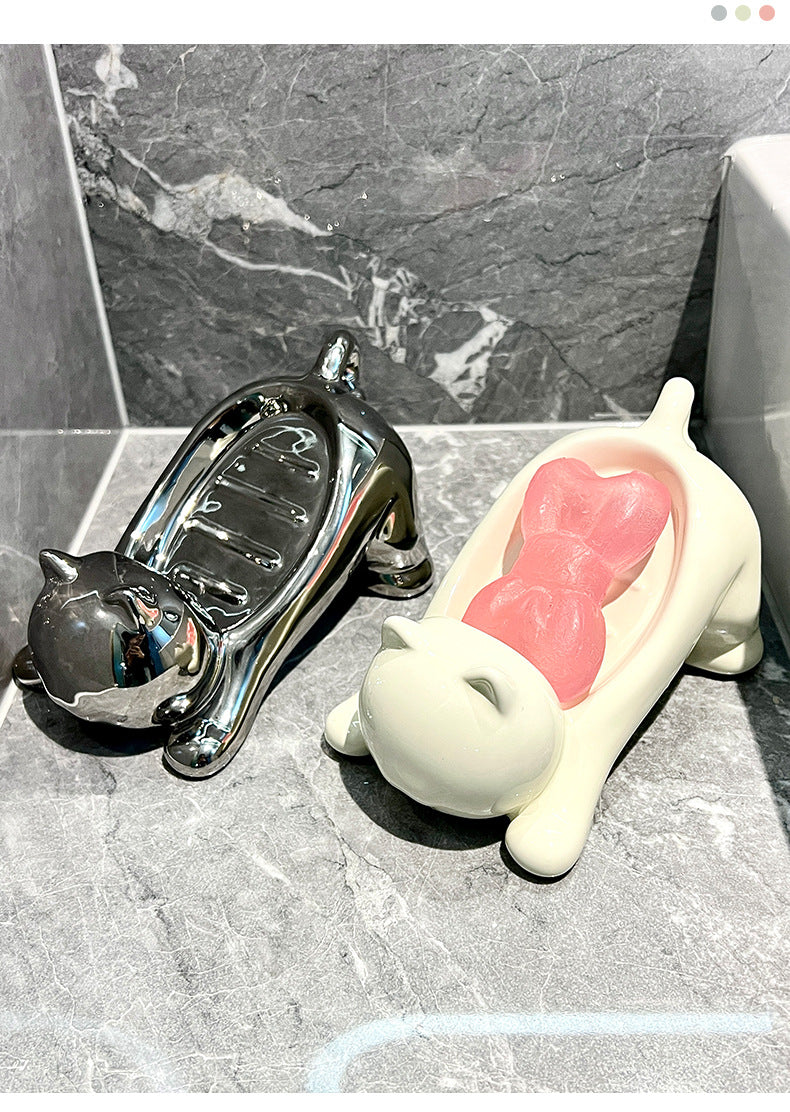 Charming Cat-Shaped Ceramic Soap Dish - Creative & Versatile Home Decor Accent(Silver)