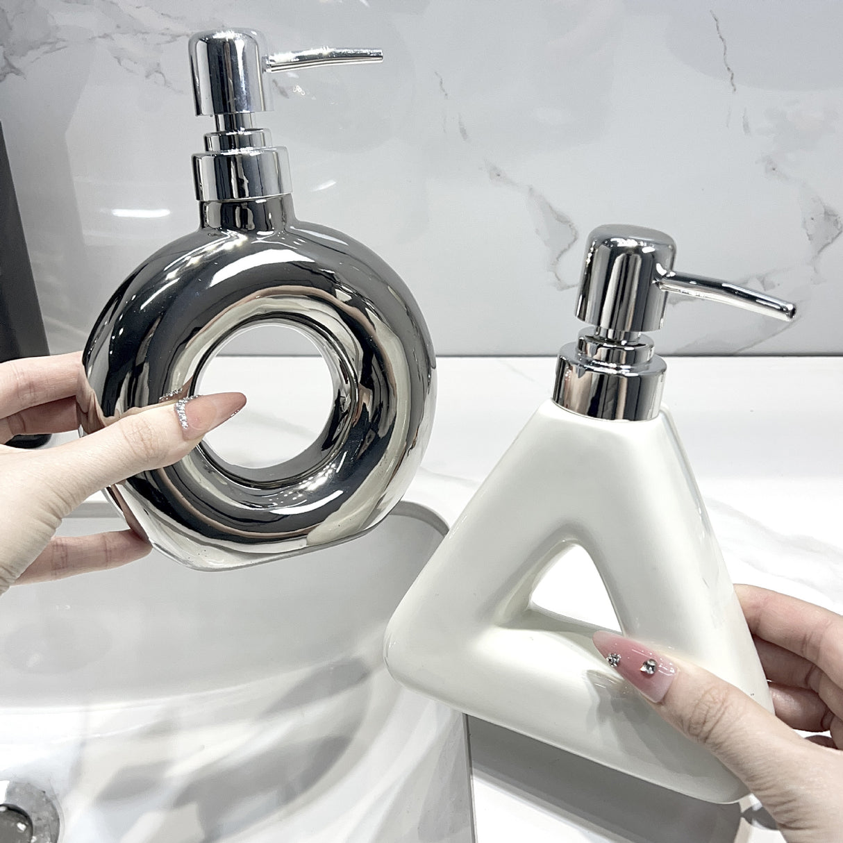 Modern Ceramic Soap & Lotion Dispenser - Unique Geometric Designs, 300ml Capacity(Donut lotion bottle milky white)