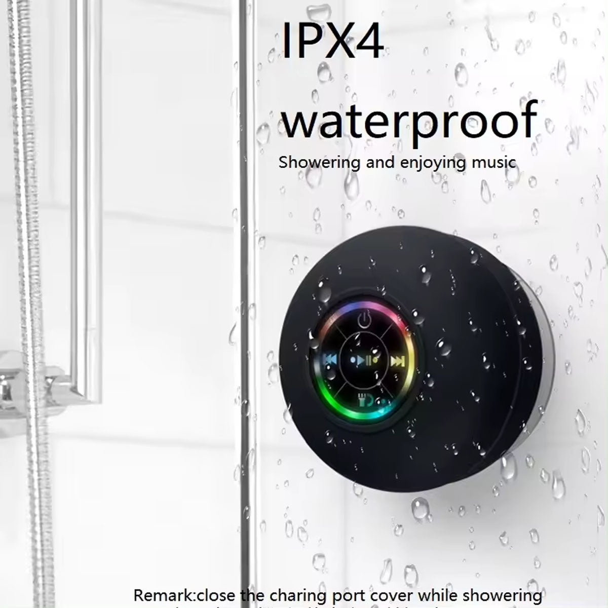 IPX4 Waterproof Bluetooth Shower Speaker with Suction Cup & LED Lights - Hands-Free Calling(black)