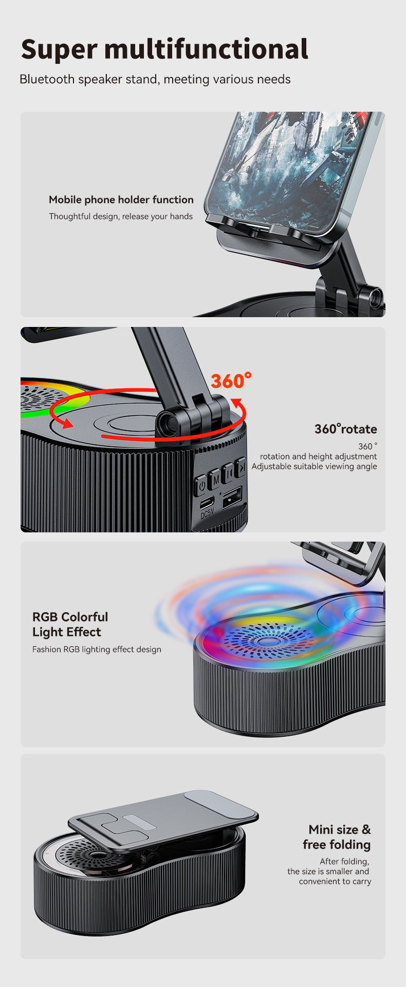 Foldable Bluetooth Speaker with 360 Rotating Phone/Tablet Stand & RGB Lights - HIFI Surround Sound(black)