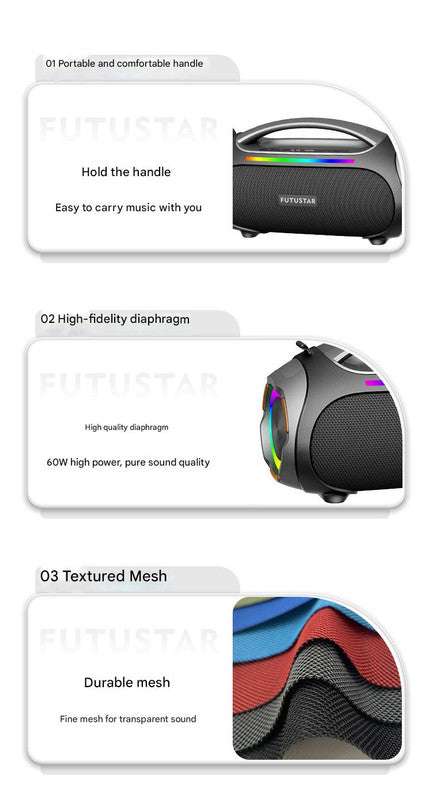 Portable Bluetooth 5.3 Speaker - 60W Powerful Sound, RGB Lights, Multiple Inputs(Red)