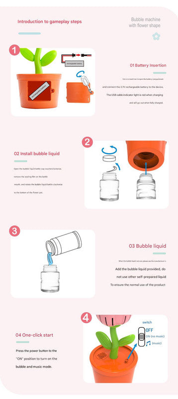 Electric Flower Bubble Machine with Music - Rechargeable, 10-Hole Output(Purple)