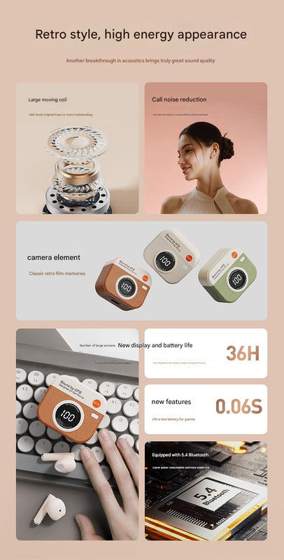 Retro Camera Style TWS Earbuds - Bluetooth 5.4, ENC, Low Latency Gaming(Yellow)