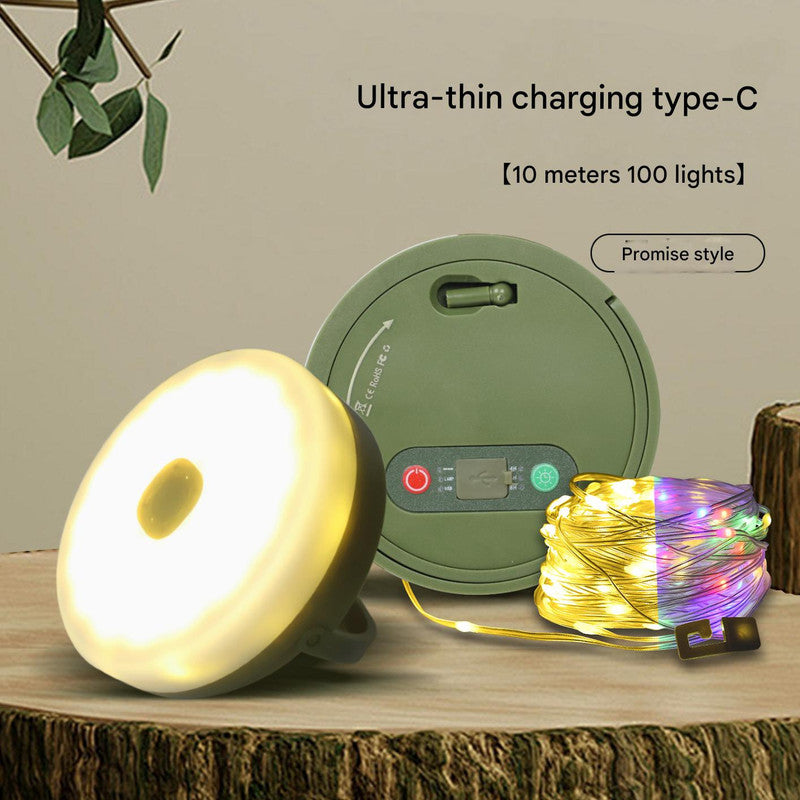 Rechargeable LED Camping Light with 10m Retractable String Light (Color lights warm lights)
