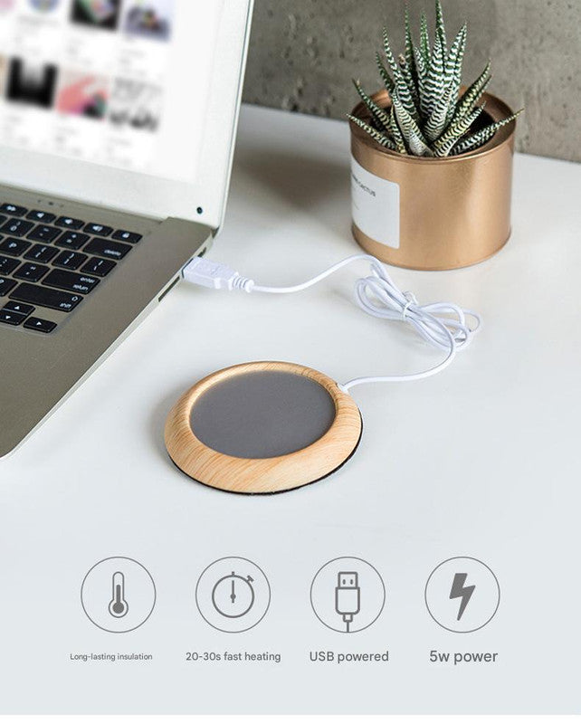USB Cup Warmer - Wood Grain Electric Beverage Heater for Desk Office Home