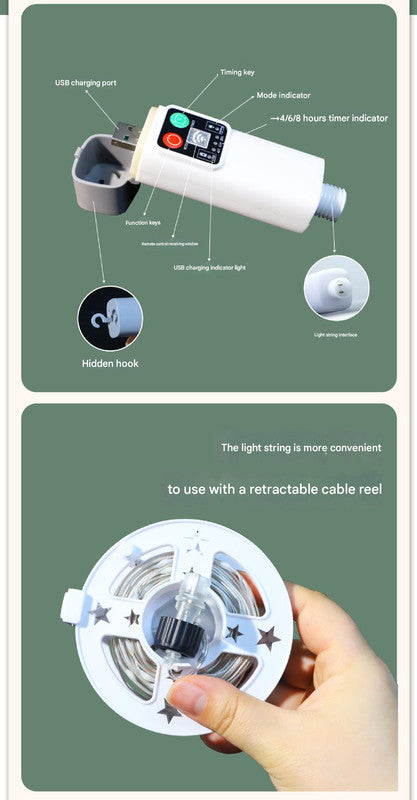 (100 lights warm white at 10 meters) Camping tent light kit - rechargeable power bank, spool light string, remote control