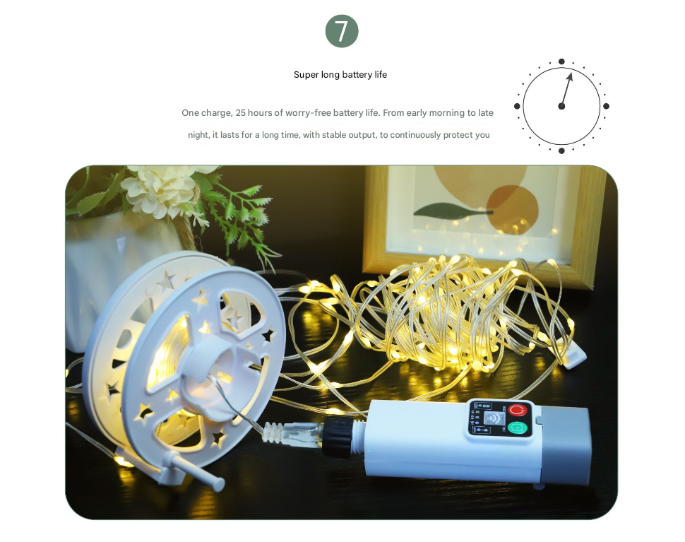 (100 lights warm white at 10 meters) Camping tent light kit - rechargeable power bank, spool light string, remote control