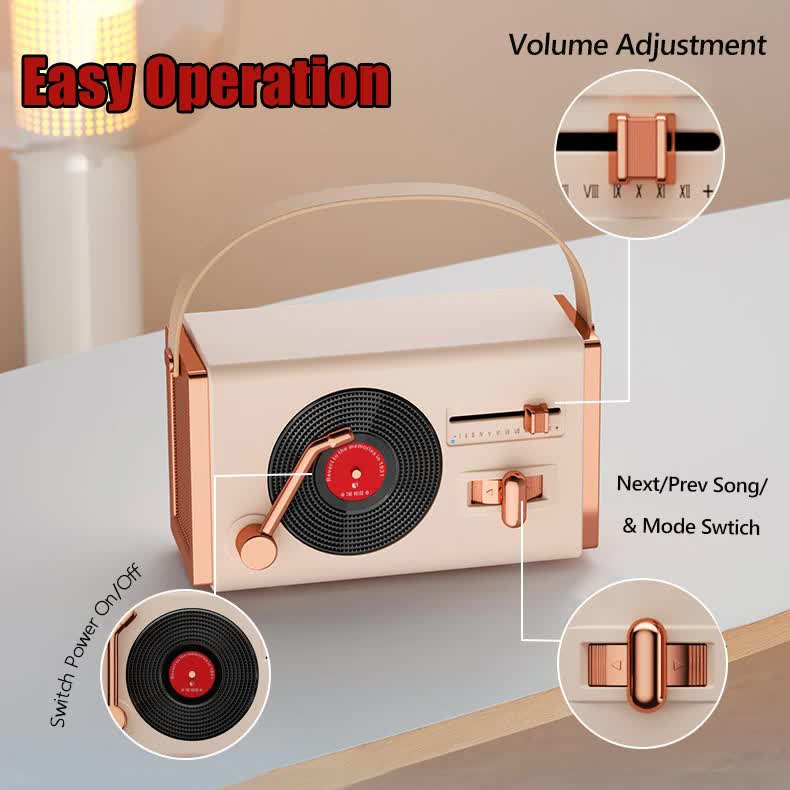 Pink Retro Record Player Style Bluetooth Speaker - Portable Wireless Turntable Design Audio