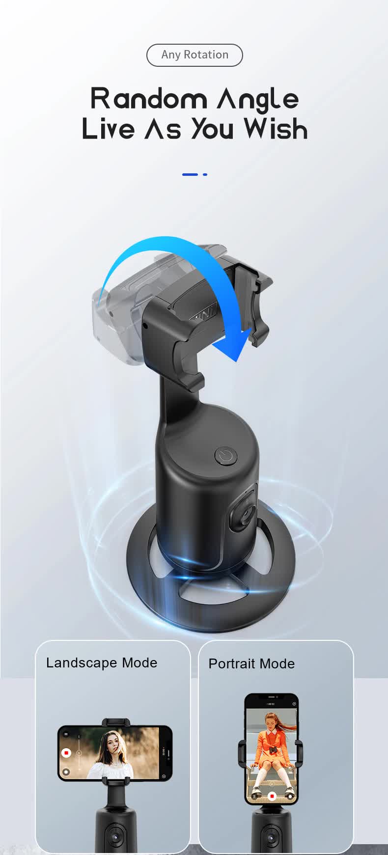 Black AI Smart Auto Tracking Phone Holder - 360° Rotation Face & Body Tracking Mount