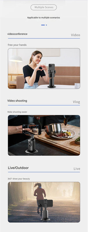 Black AI Smart Auto Tracking Phone Holder - 360° Rotation Face & Body Tracking Mount