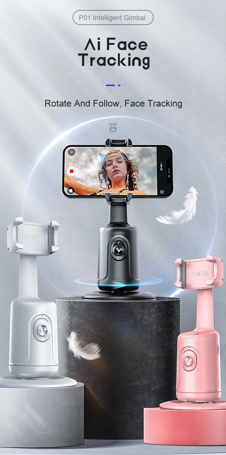 White AI Smart Auto Tracking Phone Holder - 360? Rotation Face & Body Tracking Mount