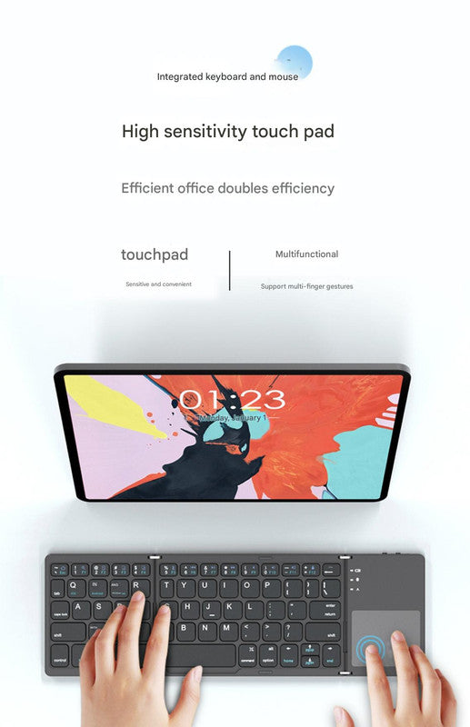 White Tri-Fold Bluetooth Keyboard with Touchpad - Multi-Device Compatible (iOS/Android/Win)