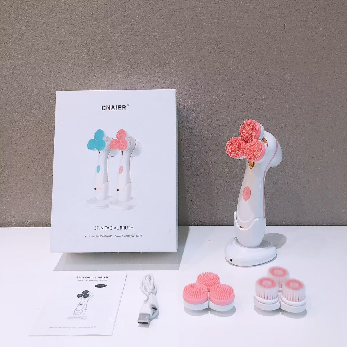Pink 3-Head Electric Facial Cleansing Brush - Rechargeable Spin Scrubber Kit