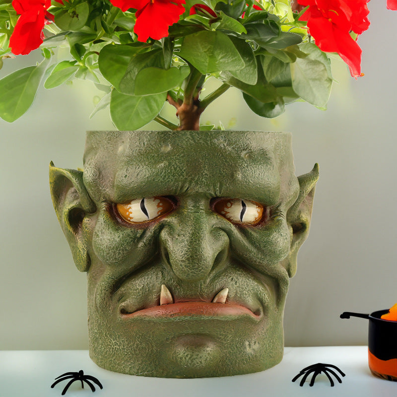Green Unique Goblin Head Planter Pot - Resin Monster Face for Succulents & Decor (Style 1)