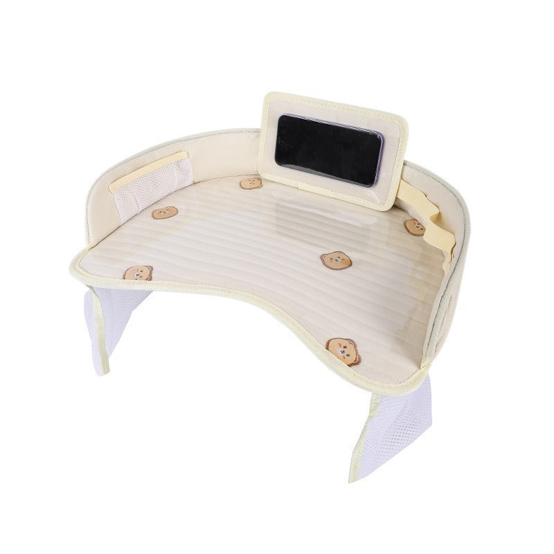 Kids Car Seat Travel Tray - Waterproof Lap Desk with Storage Pockets (Beige Bear - Round)